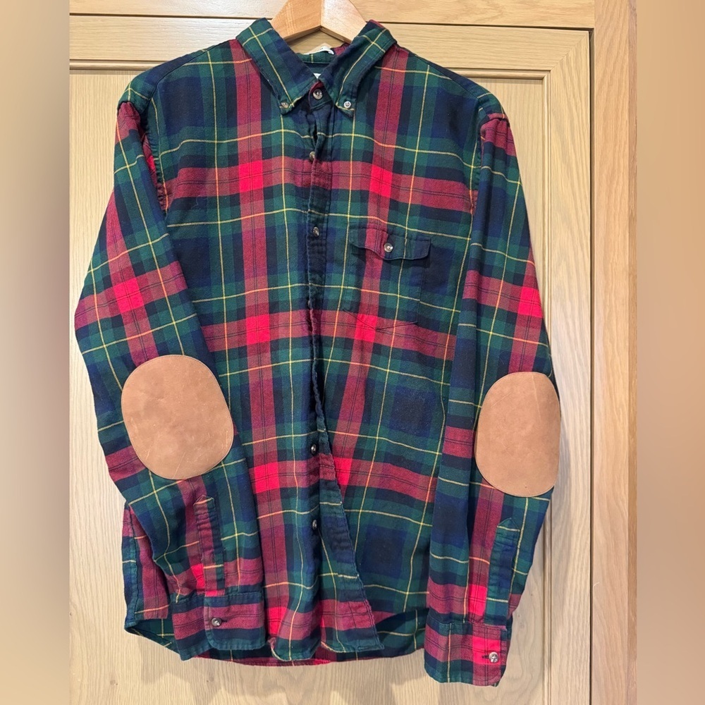 J. Crew Plaid Button Down Elbow Patches Cotton/Wool Flannel Holiday Large Slim